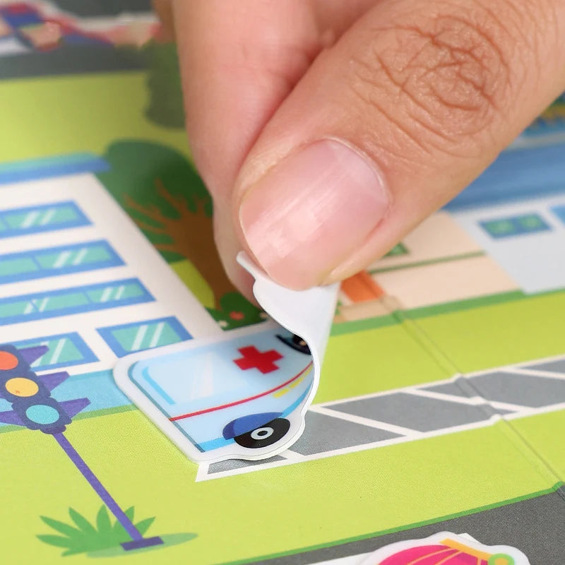 A finger is peeling a scene sticker from a colorful activity book featuring a vehicle on a green background.