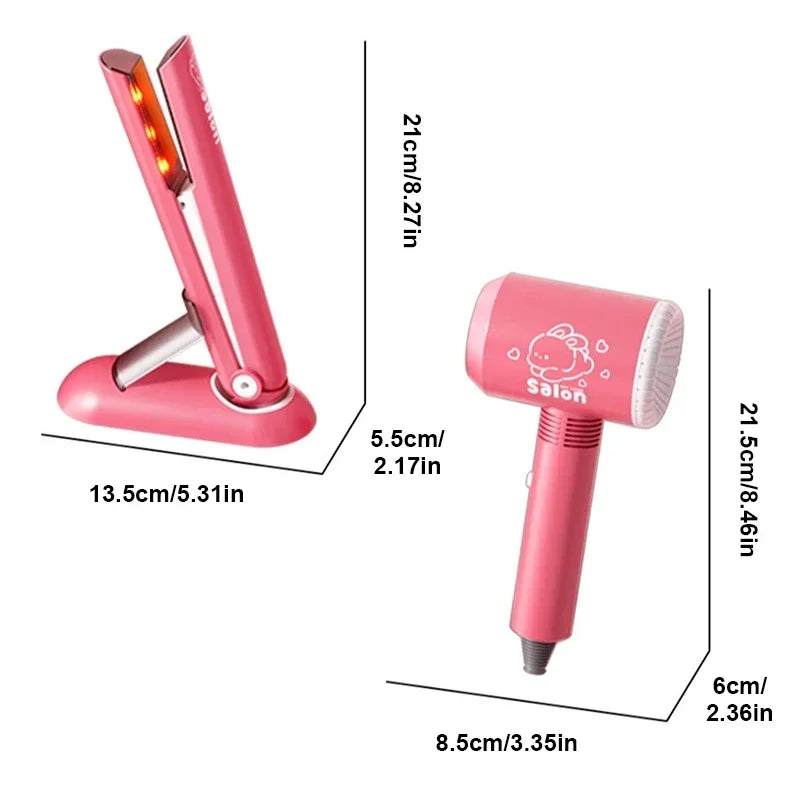 Pink kids hair salon role play set with styling tools including a straightener and a blow dryer