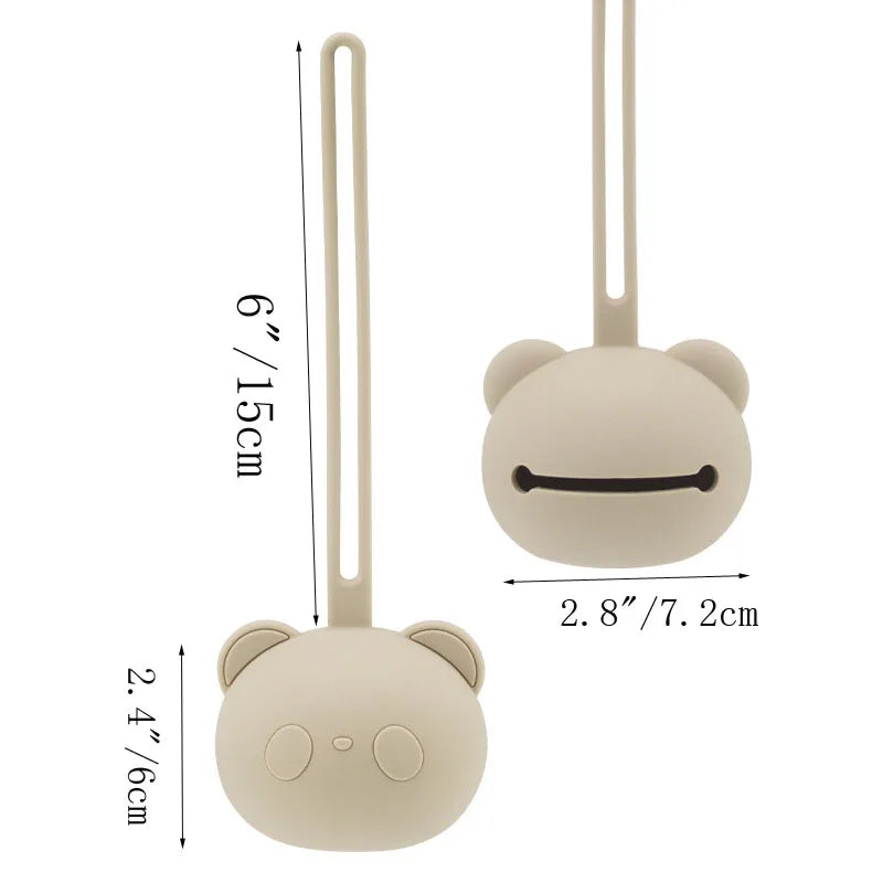 A light beige silicone panda-themed pacifier storage bag with a long loop and a small round body.