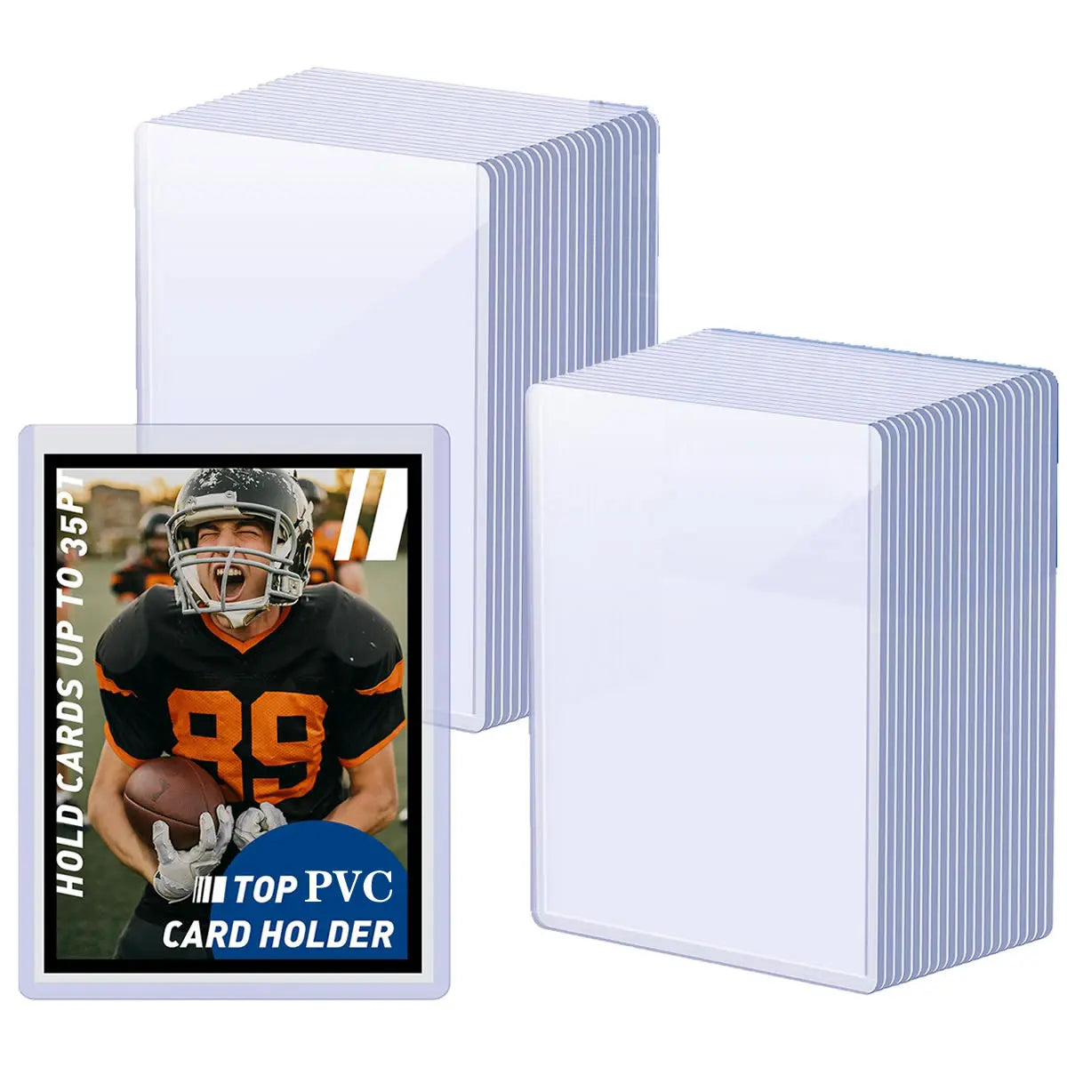 Two clear plastic card holders with striped cardboard backing and a sample trading card inside