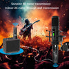 A wireless microphone system setup showing a transmitter, receiver, and a microphone on stage with an electric guitar player 