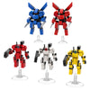A set of four combat robot building blocks, including blue and red exoskeletons.
