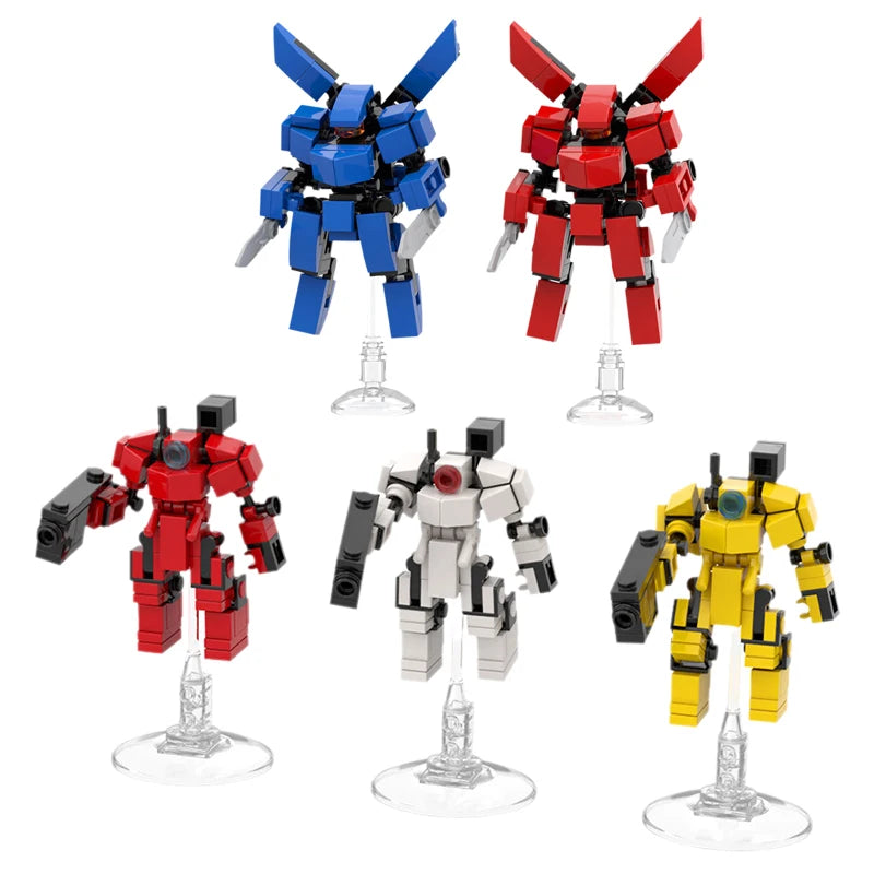 A set of four combat robot building blocks, including blue and red exoskeletons.