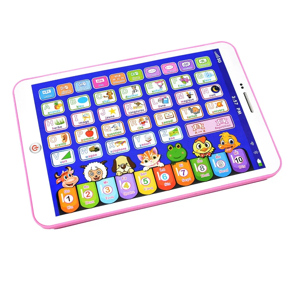 A pink interactive learning tablet displaying colorful educational letters and words for children.