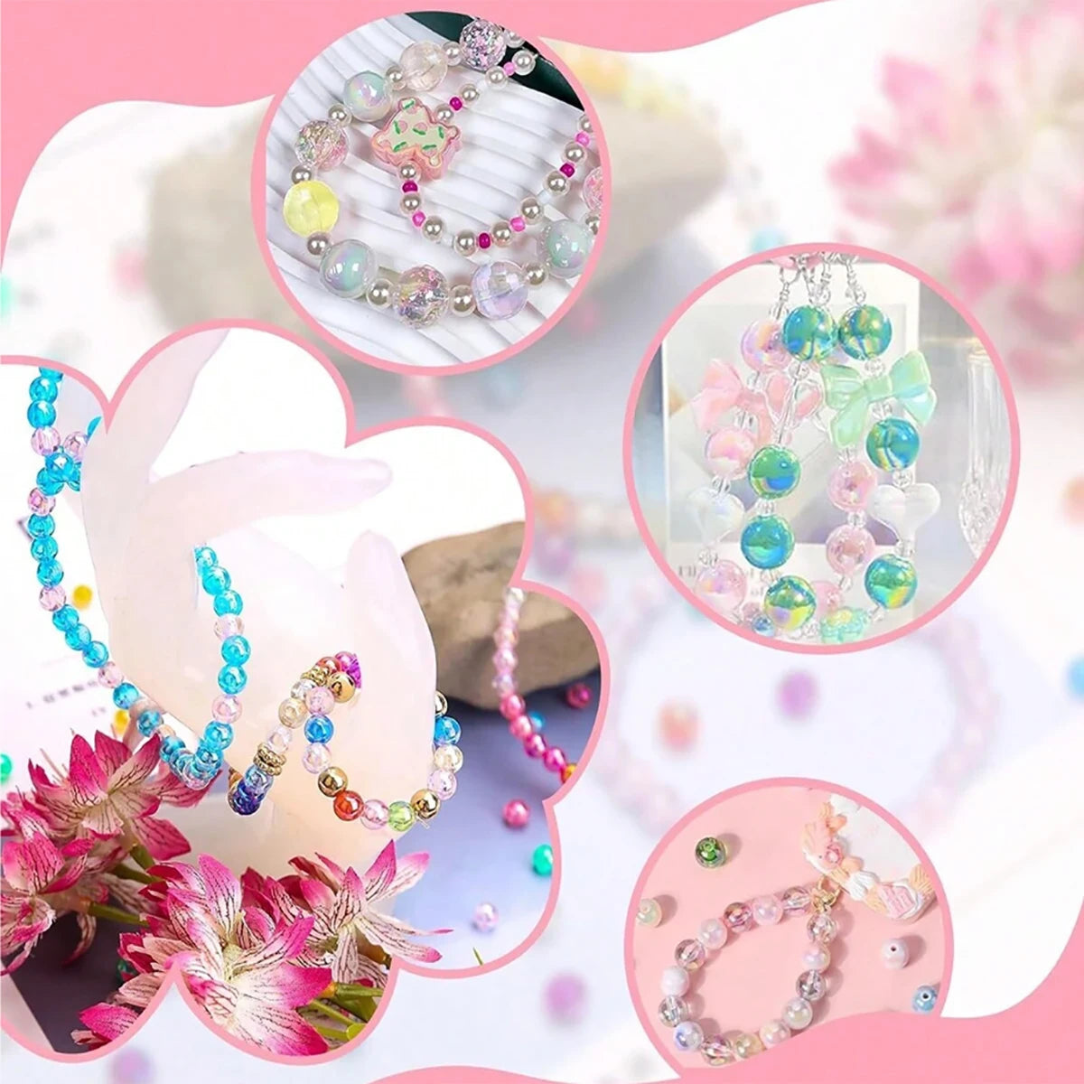 Assortment of mixed color resin beads and stringing materials for jewelry making displayed in various arrangements.