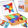 A portable magnetic tiles travel set shown in an open metal tin box with various colored triangular tiles.