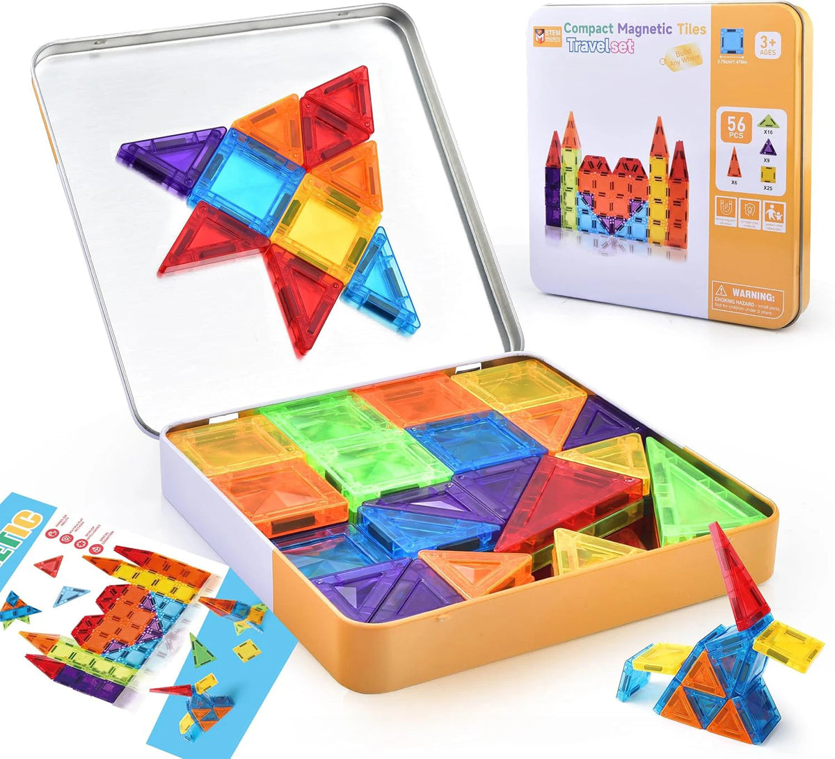 A portable magnetic tiles travel set shown in an open metal tin box with various colored triangular tiles.