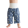 Blue patterned waterproof baby diaper pants with a white elastic waist and skirt for potty training