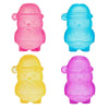 A collection of five squishy stress relief toys shaped like Santa figures in pink, blue, yellow, and purple.
