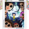 A diamond painting kit featuring a family portrait of four characters against a dark blue background.