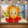 A cute cartoon tiger character wearing a red hoodie is featured on a brick wall backdrop.