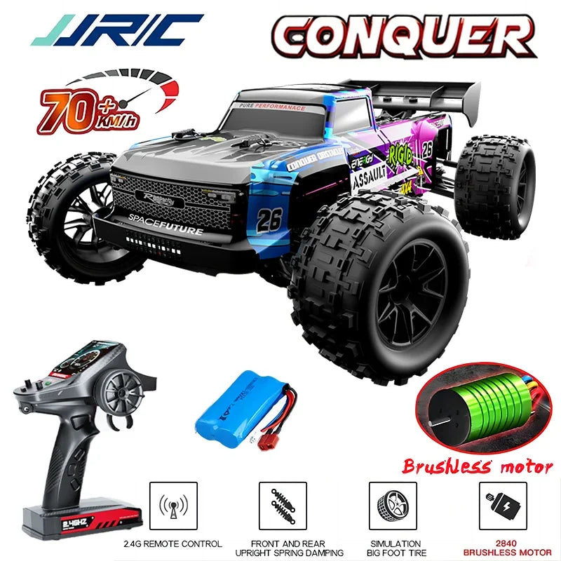 A black and purple 1:14 scale RC monster truck with large tires and a brushless motor, along with a remote control transmitte