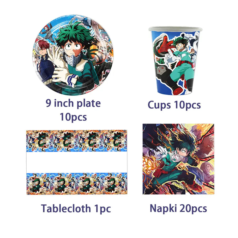 Hero-themed birthday party decoration set including a 9 inch plate, cups, tablecloth, and napkins featuring anime characters