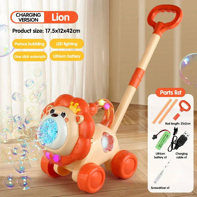 A charging version of a Lion-themed bubble machine with LED lighting and stable wheels