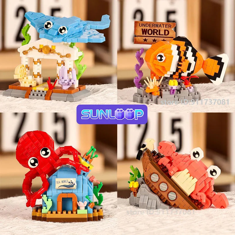 Building blocks set featuring an orange shark, red crab, and yellow clownfish ocean animals.