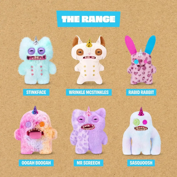 A collection of six plush toys including a blue unicorn, a white rabbit, a pink rabbit, a pink unicorn, a purple monster, and