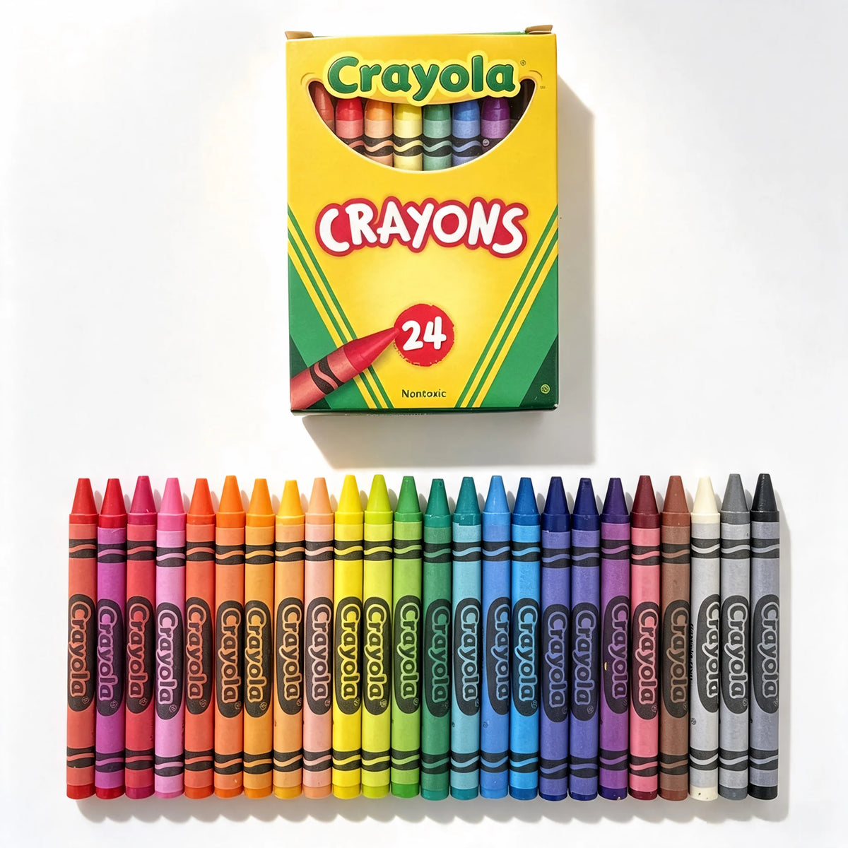 A box of Crayola crayons with 24 crayons visible, displayed against a white background.