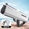 A white high-pressure electric water gun with a black grip and a charging set is shown on a sandy surface.