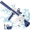 A blue and white electric battery-powered water gun with a long barrel and detachable bottle is shown spraying water.