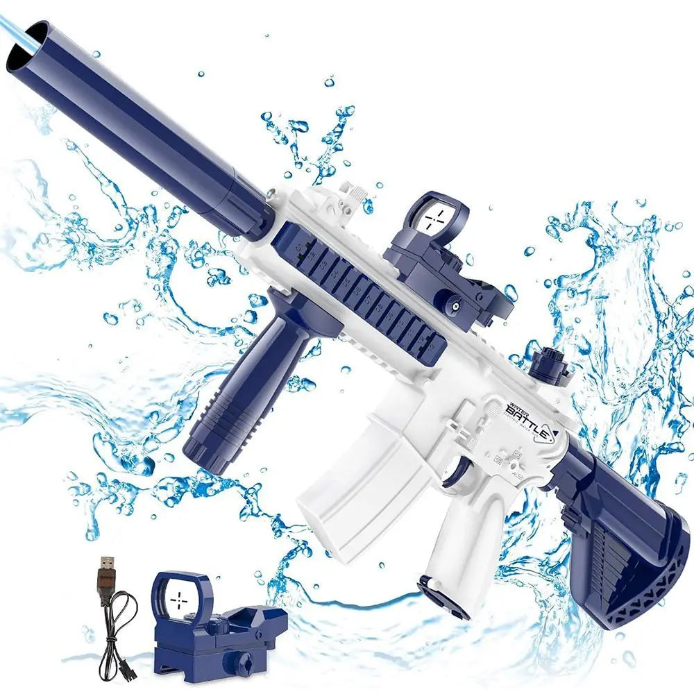 A blue and white electric battery-powered water gun with a long barrel and detachable bottle is shown spraying water.
