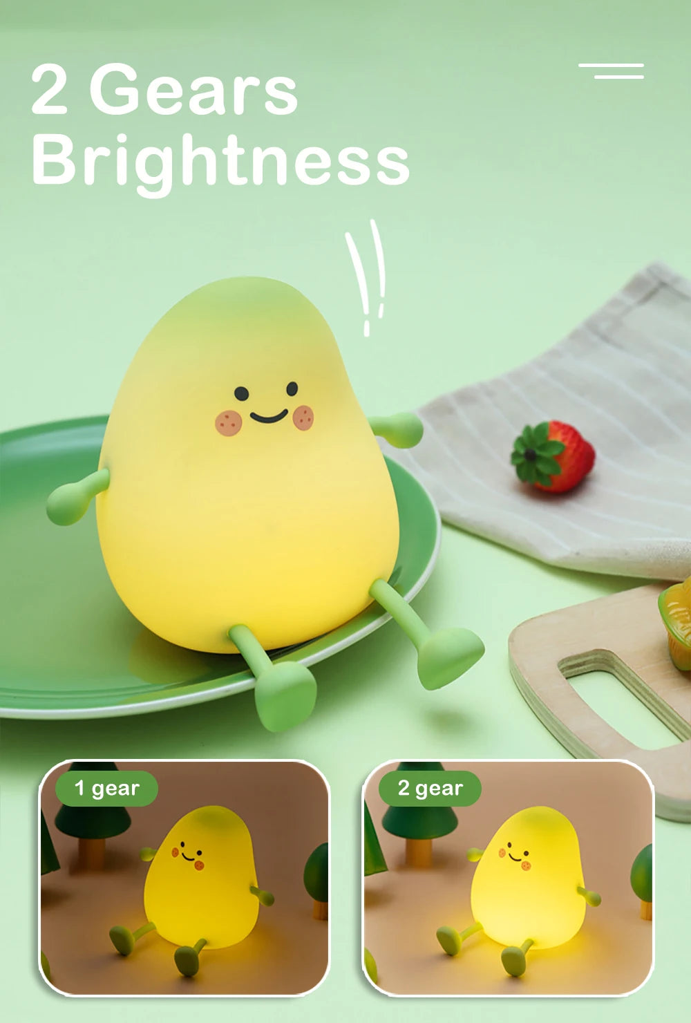 Two pear-shaped night lights, one yellow and one green, are shown on a plate with small trees in the background.