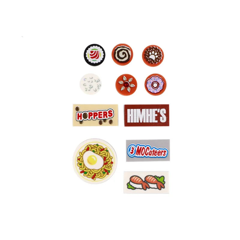 A collection of mini supermarket and food building blocks featuring various items like pizza, cake, and condiment bricks.