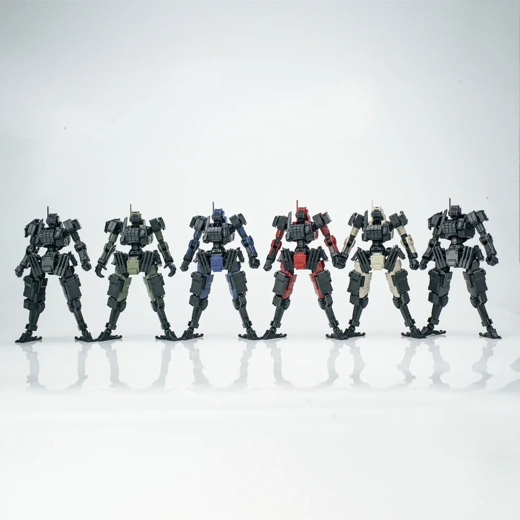 A line of nine FENRIR A6 Assault Type 1/18 scale mecha model kits in various colors standing side by side.