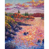 An oil painting depicting a vibrant sunset over a landscape with colorful hills and water.