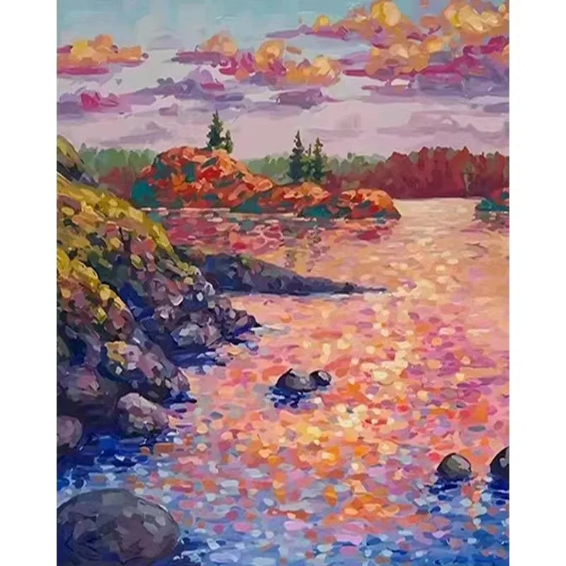 An oil painting depicting a vibrant sunset over a landscape with colorful hills and water.