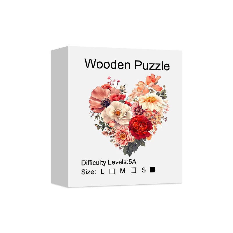 A box for a Wooden Puzzle featuring an irregular shaped decorative art heart made of flowers.