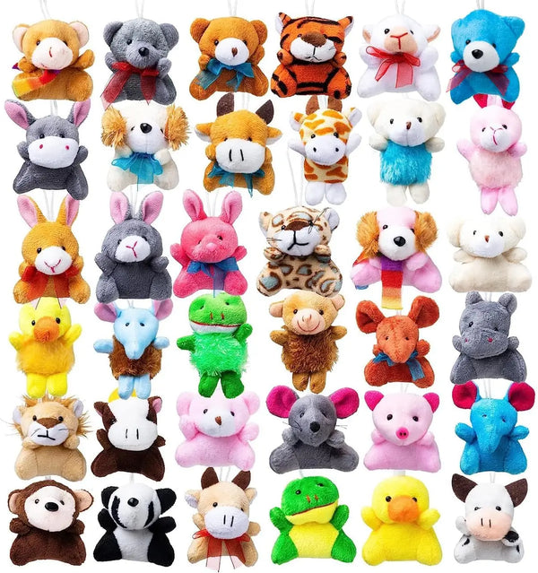 A collection of various mini animal plush toys in different colors and styles.