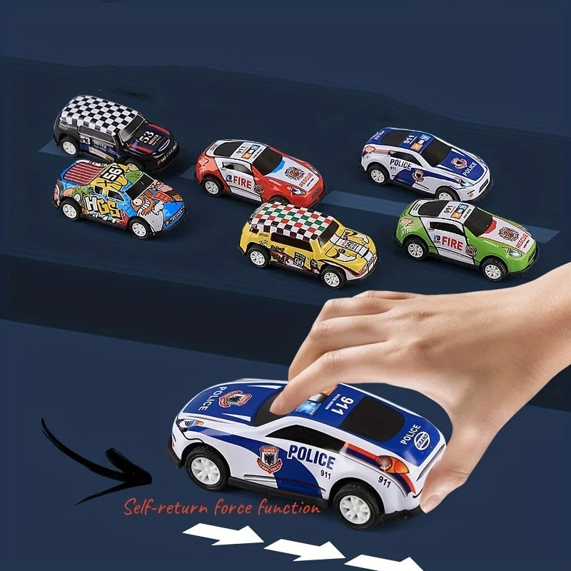 A hand is demonstrating the self-return function of a die-cast mini racing car set featuring various police vehicles.