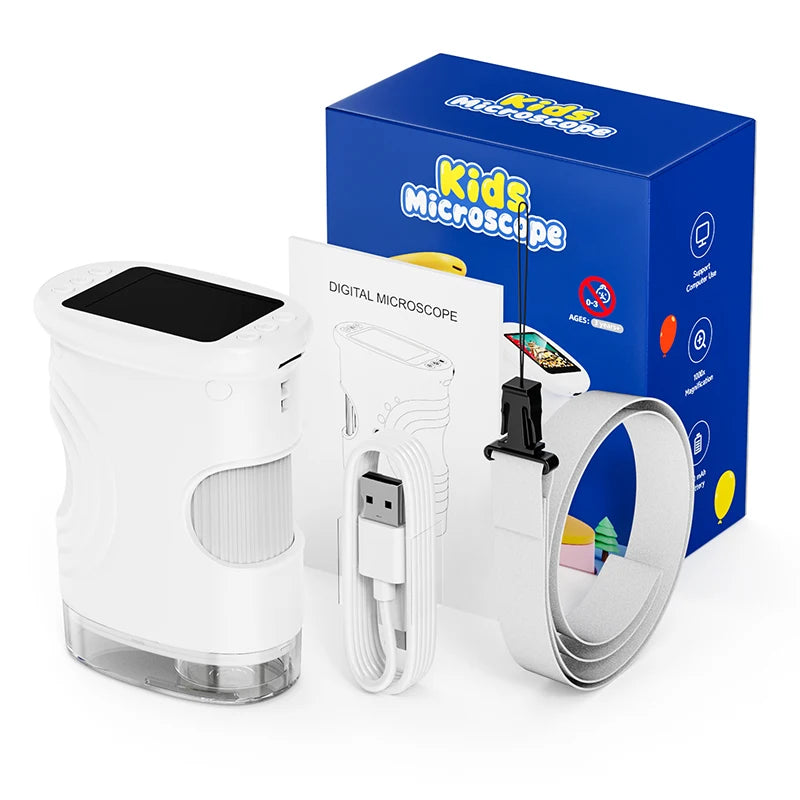 A box and components for a portable digital microscope for kids, including a white device and accessories.