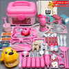 A colorful kids doctor role play kit featuring a pink medical bag, stethoscope, and various plastic tools and accessories.