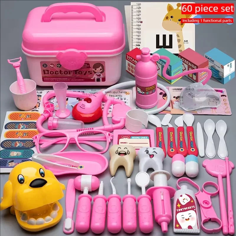 A colorful kids doctor role play kit featuring a pink medical bag, stethoscope, and various plastic tools and accessories.