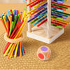 A wooden counting stick and balance toy featuring colorful sticks arranged in a vertical structure.