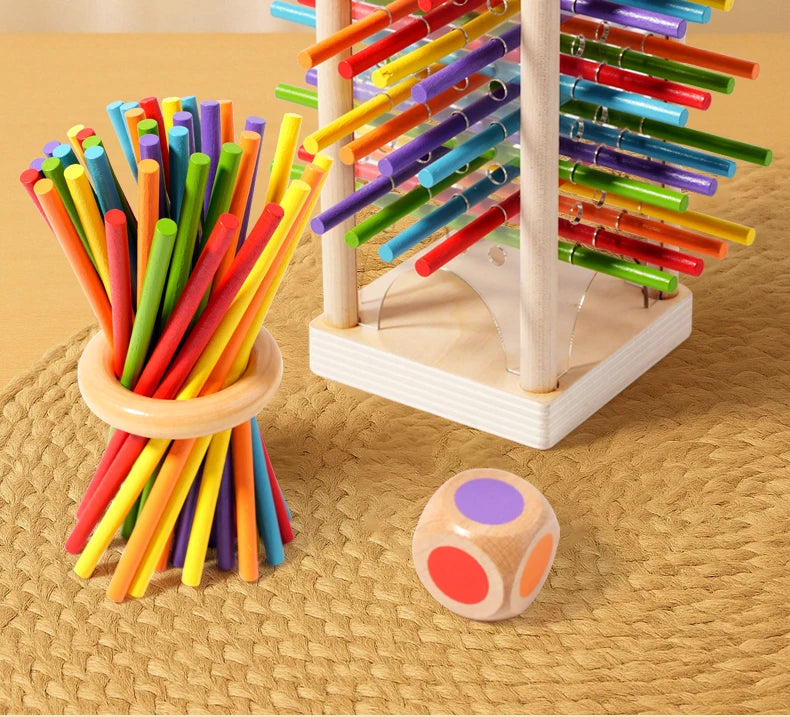 A wooden counting stick and balance toy featuring colorful sticks arranged in a vertical structure.