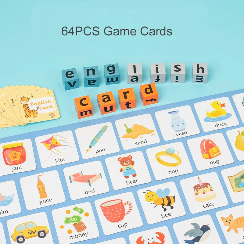 A set of 64 pieces of wooden letter blocks used for an English word spelling game.