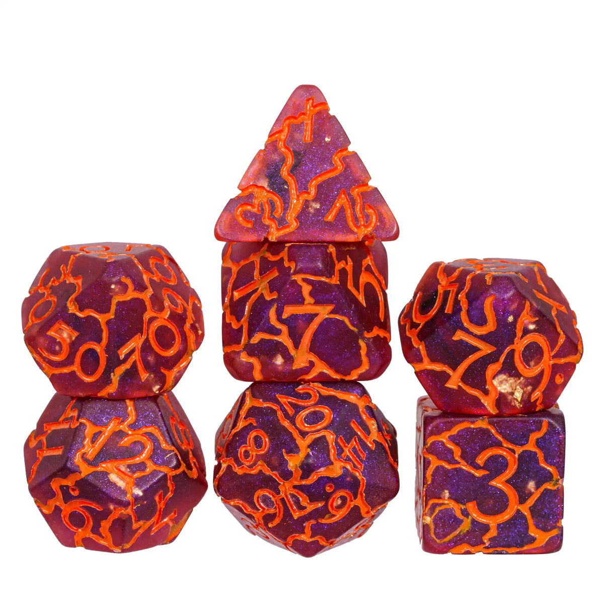 A set of seven faceted polyhedral dice made of translucent purple resin with bright orange inclusions.