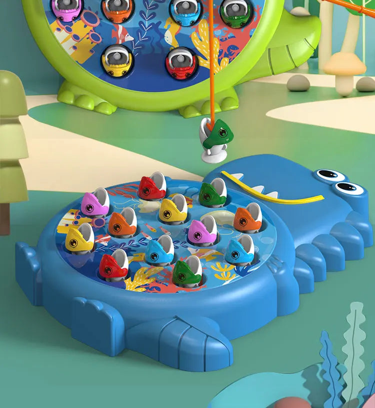 A blue magnetic fishing toy set with various colored plastic fish and a green fishing rod on a light green surface.