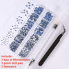 A box of blue rhinestones, a point drill pen, and tweezers are displayed on a white background.