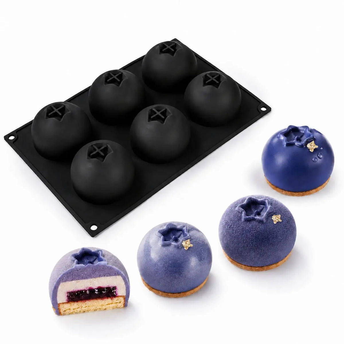 A black silicone mold tray with nine round, black fruit shapes for baking and desserts.