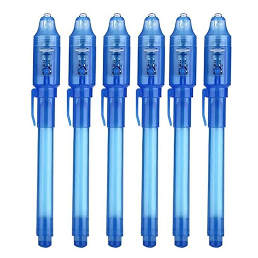 A set of five blue invisible ink spy pens with UV light for secret messages