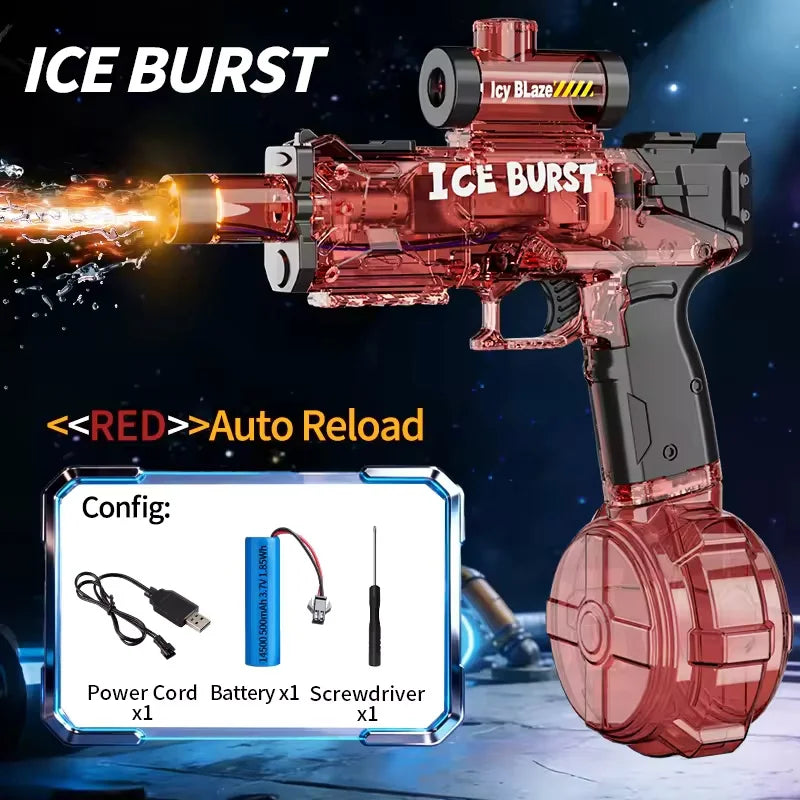 A close-up of a red electric water blaster toy gun with an auto reload feature and battery components.