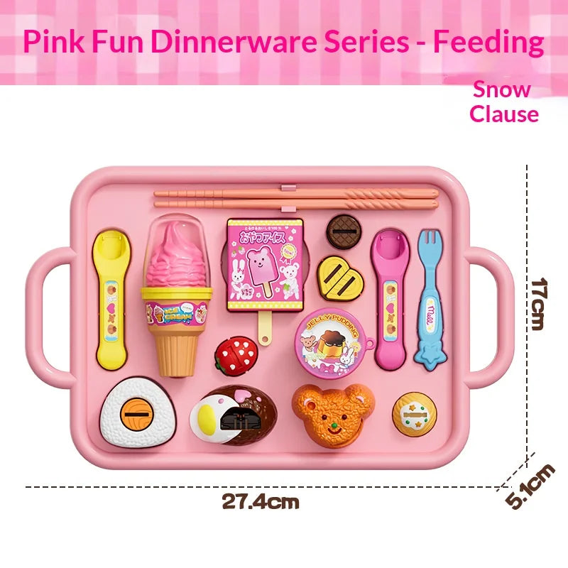 Pink Fun Dinnerware series feeding set featuring various food items like fruit and desserts for pretend play