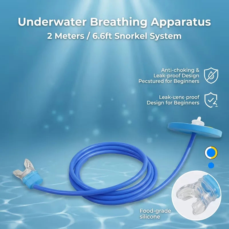Blue silicone double head snorkel breathing apparatus with a hose and mouthpiece for beginners