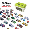 A collection of 30 assorted mini pull-back cars in various colors and styles displayed next to a storage bucket.