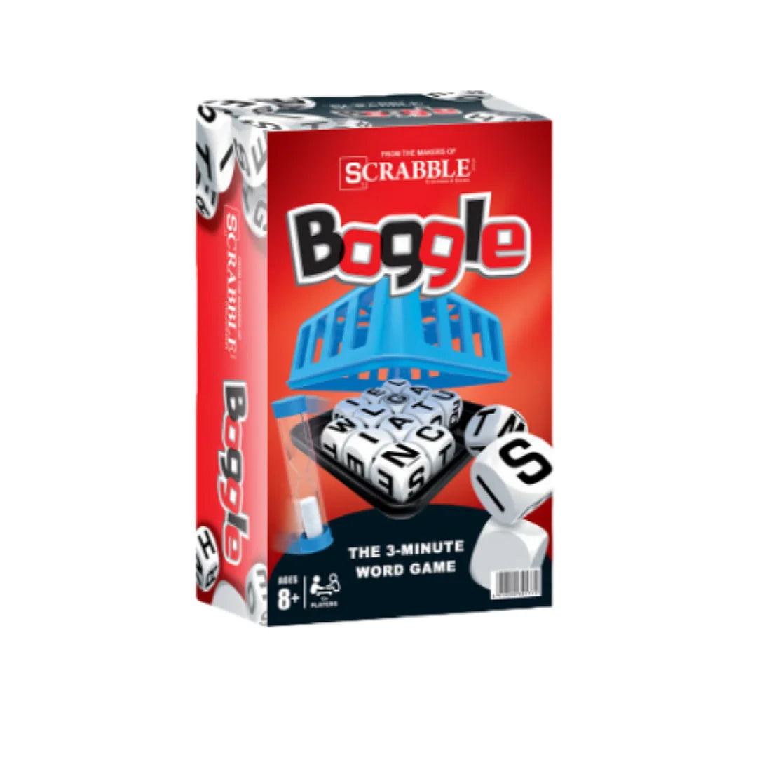 Box of Boggle The 3-Minute Word Game featuring dice and game components.