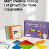 A box of Angram Kids wooden tangram puzzles with colorful geometric shapes laid out on a white surface.