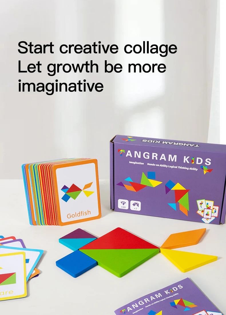 A box of Angram Kids wooden tangram puzzles with colorful geometric shapes laid out on a white surface.